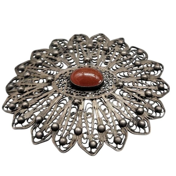 Antique Sterling Carnelian Filigree Brooch Large Oval Starburst Cabachon Gem - Picture 4 of 5